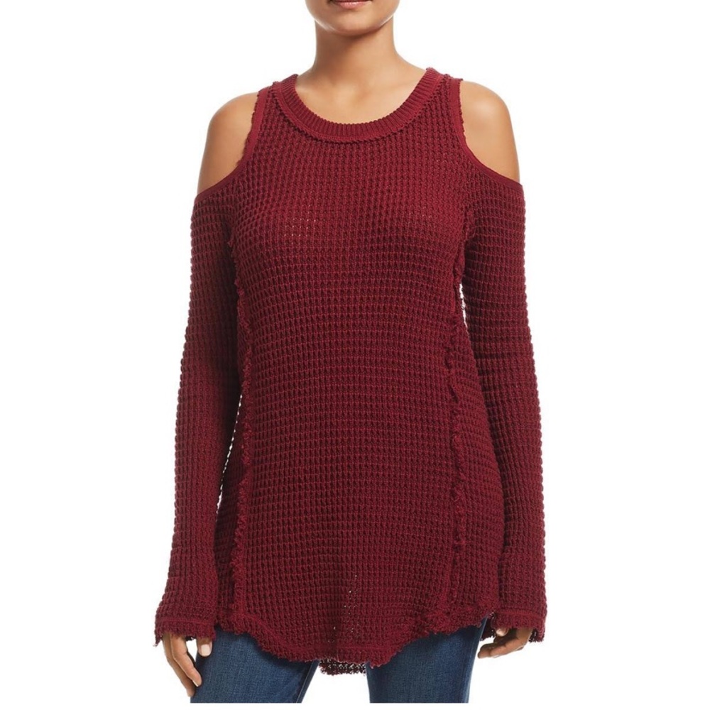 Burgundy cold shoulder waffle knit sweater